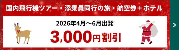 【国内飛行機ツアー・添乗員同行の旅
航空券＋ホテル】2026年4月～6月出発 3,000円割引 詳しくはこちら