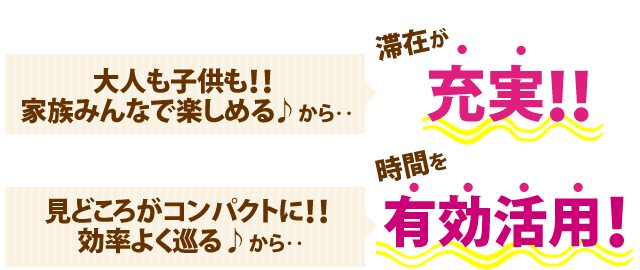 大人も子供も！！家族みんなで楽しめる♪から‥滞在が充実！！　見どころがコンパクトに！！効率よく巡る♪から‥時間を有効活用！！