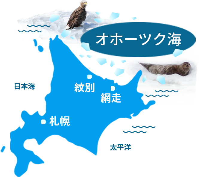 北海道の地図（イメージ）流氷が、オホーツク海の沿岸を真っ白に埋めつくします。