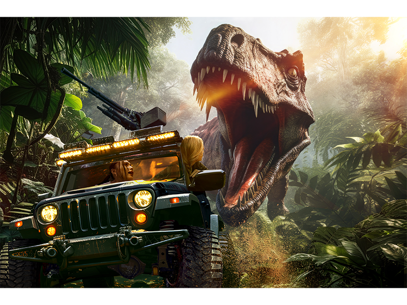 装甲車でサバンナを進めば、かつて絶滅したはずの草食恐竜たちが、触れられるほど目の前に。鬱蒼としたジャングルの悪路を、車体をガタガタ揺らしながら進むと、最凶の肉食恐竜T-REXが、突然、襲いかかる！行く手を阻む熱帯植物を必死でかき分けて逃げ回っても、何度も何度も迫る獰猛なT-REX。装甲車に乗り込んだ瞬間から次々と起こる予測できない事態に、いつまでも興奮が止まらない。<span class="small red">MAP1</span>