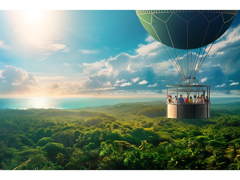 巨大気球から見渡すのは、360°すべてがここでしか手に入らない雄大な絶景。生命力あふれる濃緑の森。高度を増すごとに、少しずつ現れるエメラルドグリーンの海が陽光を浴びて輝く。スパークリングワインのグラスを優雅に傾けながら、ゆったりとゴンドラで寛げば、晴れ渡る真っ青な空も、夕暮れのピンクからオレンジへの美しいグラデーションも、見るたびに感動できる贅沢体験です。<span class="small red">MAP2</span>
<br/><span class="smallest">※パーク入場後に整理券の取得が必要です。</span>