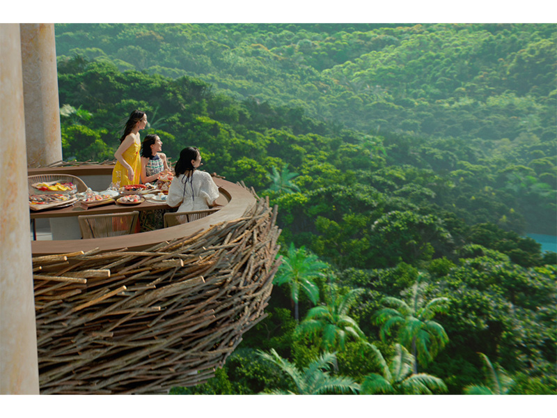 高い天井まで続く全面ガラスからは、濃く輝くやんばるの壮大な緑と、果てしなく広がる青空のパノラマ。刻々と変化していく景色は、目を向ける度に感動を与えてくれる。空と雲と太陽が描く夕暮れのグラデーション。南国の夜空を彩る圧倒的な花火。スタイリッシュな空間で味わう、沖縄県産の食材をふんだんに使った美食の数々も、贅沢な景色の一部。さらに、空中に浮かぶようなネスト席からは、パークを一望する別格の絶景。大自然に包まれるような優雅な時間を堪能できます。<span class="small red">MAP7</span>